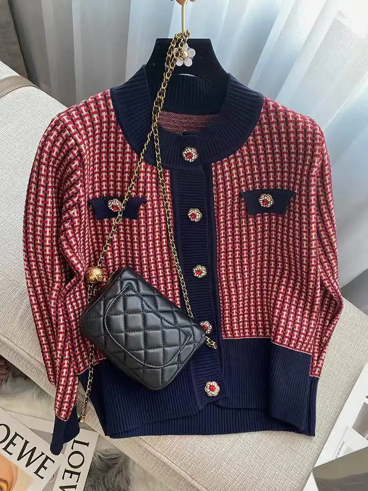 

Вязаный кардиган, Женский весенне-осенний Новый корейский стиль ручной работы Стразы контрастный клетчатый темпераментный Универсальный ...