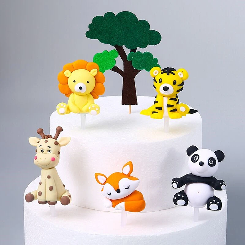 

1PC Soft Ceramic Cake Ornament Cartoon Animals Lion Deer Felt Giraffe Cake Topper Dessert Table Decor Birthday Party Supplies