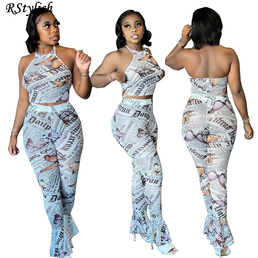 

Женский комплект из 2 предметов, уличная одежда с принтом газеты и бабочки, привлекательный укороченный топ с лямкой на шее и широкие брюки с...