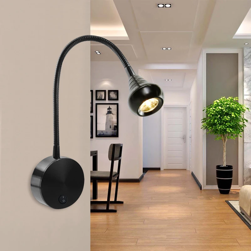 

Adjustable LED Wall Lamps With Knob Switch 3W AC90-260V Black Silver Bedroom Bedside Reading Light Direction Indoor Wall Light