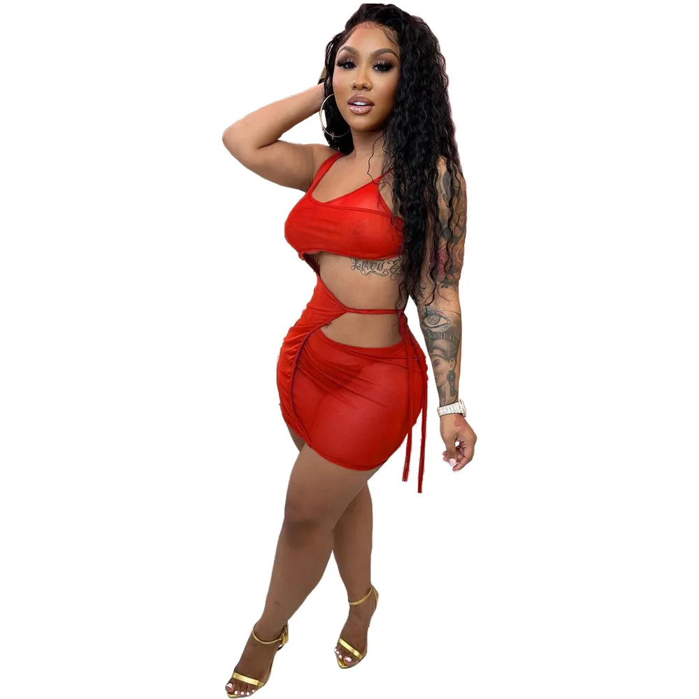 

Women Bodycon Mini Dress Summer Sleeveless Hollow Out Black Backless See Through Lace Up Wrap Short Dresses Sexy Clubwear