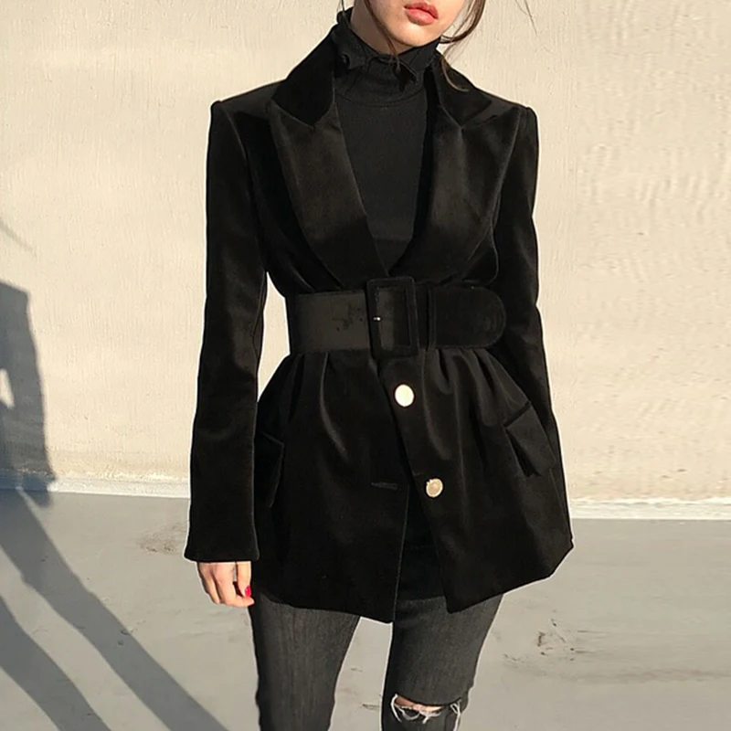 Женский блейзер LANMREM однотонный замшевый с длинным рукавом и поясом для офиса