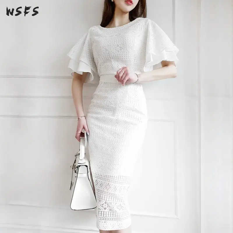 Летние белые платья с запахом облегающее женское кружевное платье миди оборками