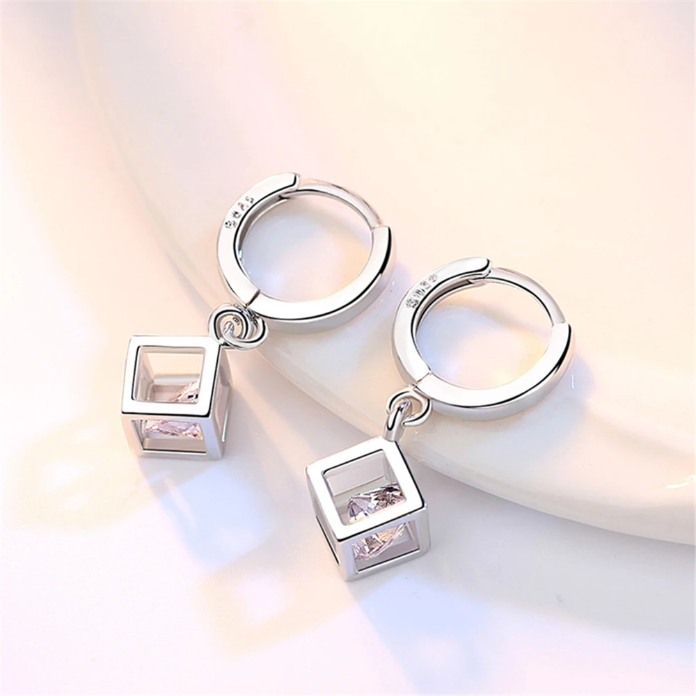 

925 Sterling Silver Jewelry Woman Ladies Cube Love Window Fashion Guifang Oxidized Zircon Concise Girl Cute Brand Fashion