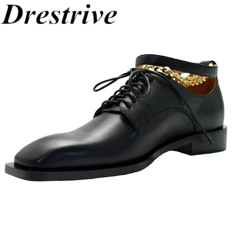

Drestrive Fashion Women Pumps Full Genuine Leather Square Toe Chain Cross Tied Buckle Black Casual Shoes Cow Leather Low Heels