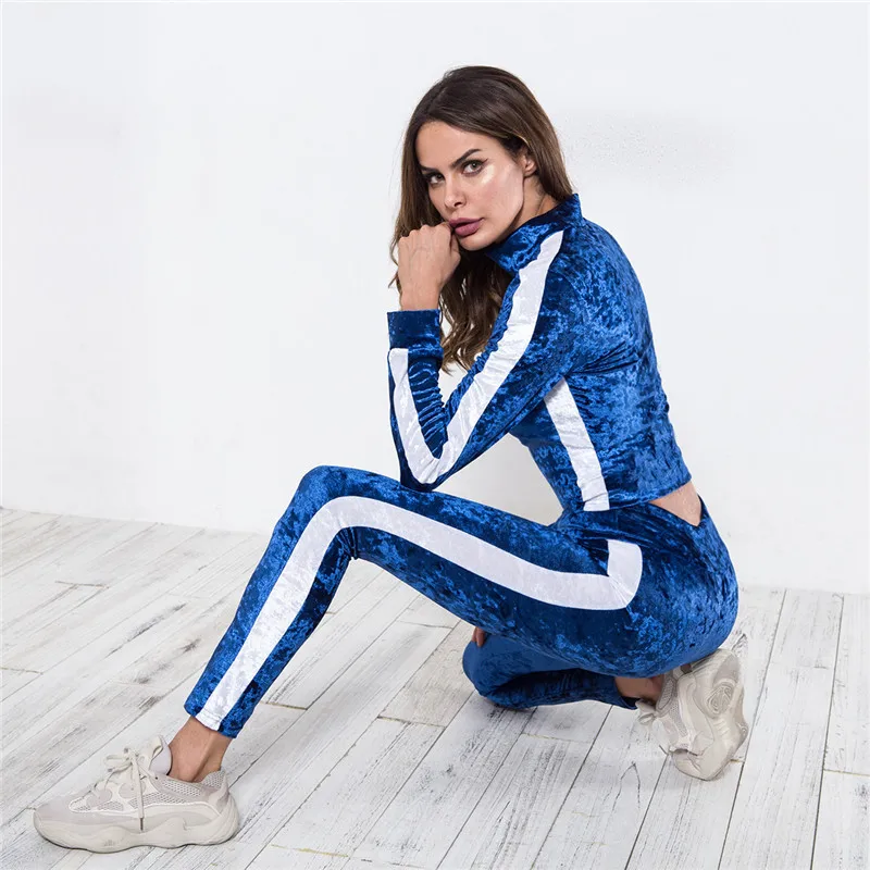 Женский спортивный костюм для йоги осенне зимний синий бархатный комплект с