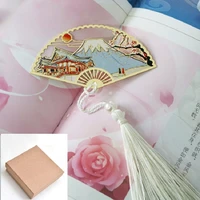 chinese traditional style folding fan shape bookmark rabbit flying crane butterfly painted metal bookmark holiday box packaging