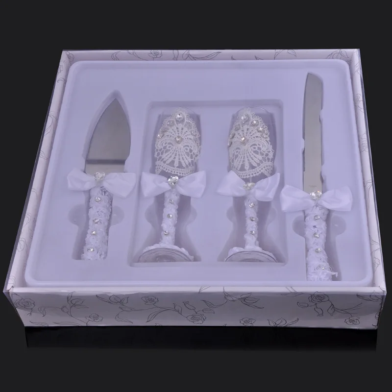 

European and American Wedding transparent glass wine cup gift box set creative wedding supplies cake knife shovel high