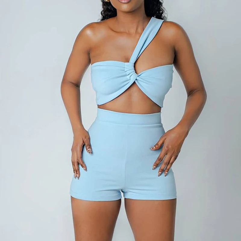 

Wrap Chest Crop Top And Shorts 2 Piece Outfits Summer Fashion Skinny Solid Women Matching Set Asymmetrical Casual Cloth