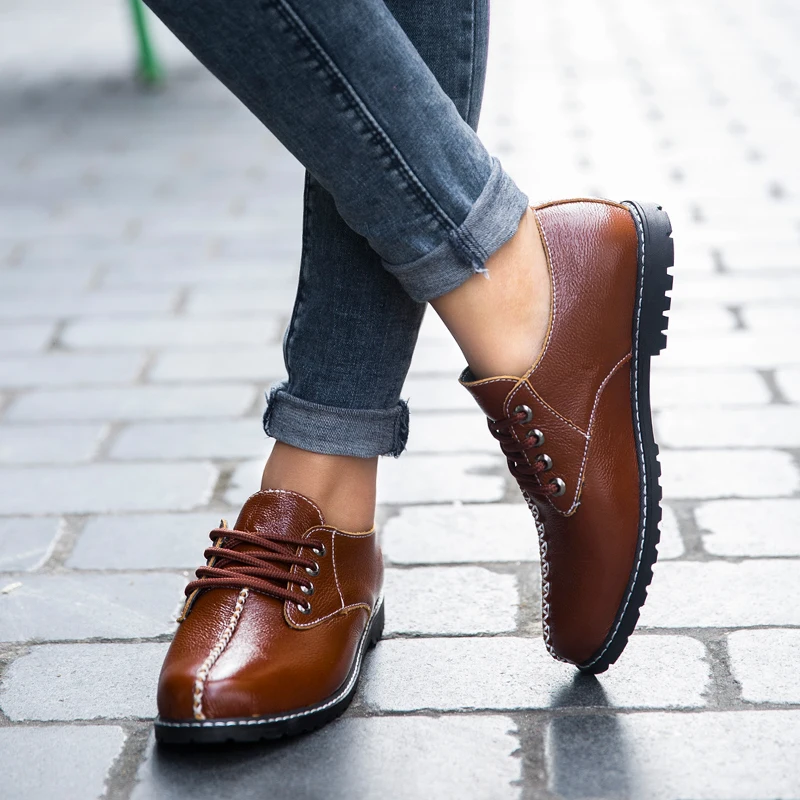 Мужские повседневные кожаные туфли коричневые оксфорды из коровьего спилка на