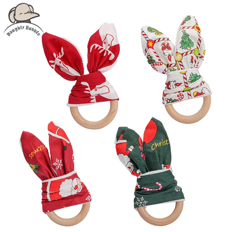 

Christmas Bunny Ears Teether Ring Baby Molar Toy Soothing Rattle Cotton Wooden Ring Teether BPA Free Baby Teething Care Product