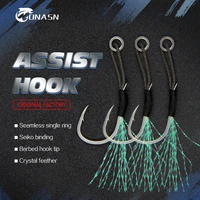 onasn 10pcslot fishing hooks metal jig assist hook with pe line feather solid ring jigging spoon sea fishhook for 5 80g jig lure