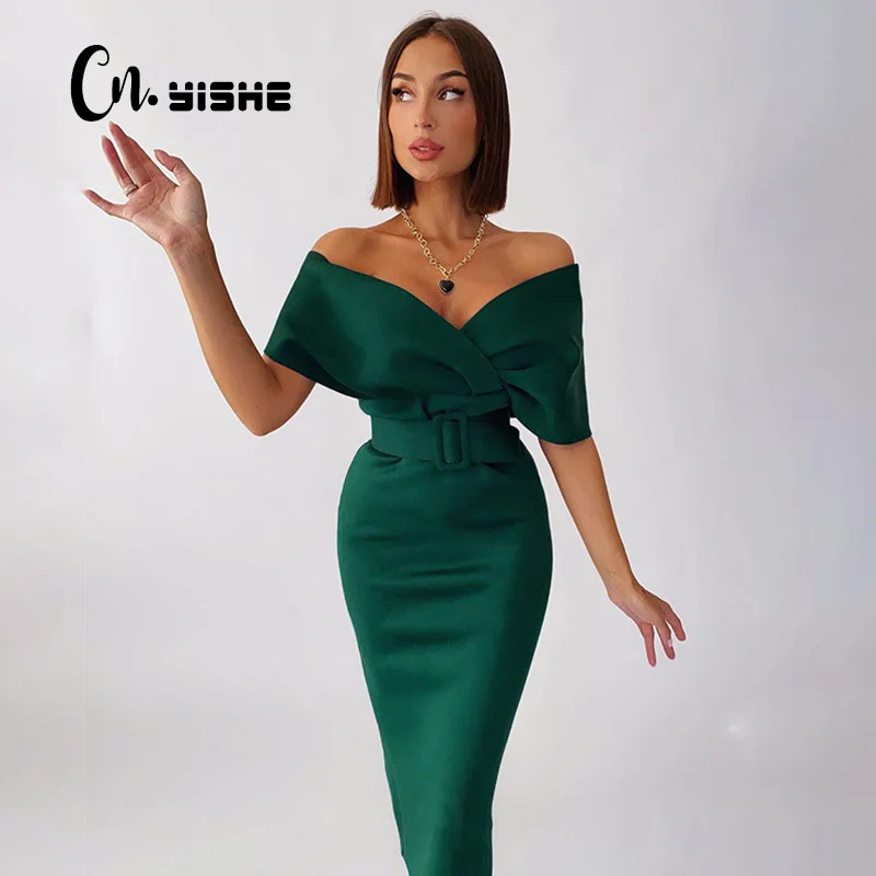 

CNYISHE Elegant Party V-neck Off the Shoulder Dress for Women Dresses Fashion High Waist Sexy Tight Green Dress Female Birthday