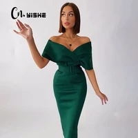 cnyishe elegant party v neck off the shoulder dress for women dresses fashion high waist sexy tight green dress female birthday
