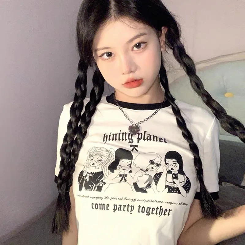 

Короткий топ Calelinka Y2K в американском винтажном стиле для девочек, хлопковая футболка с коротким рукавом и графическим рисунком, летняя облег...