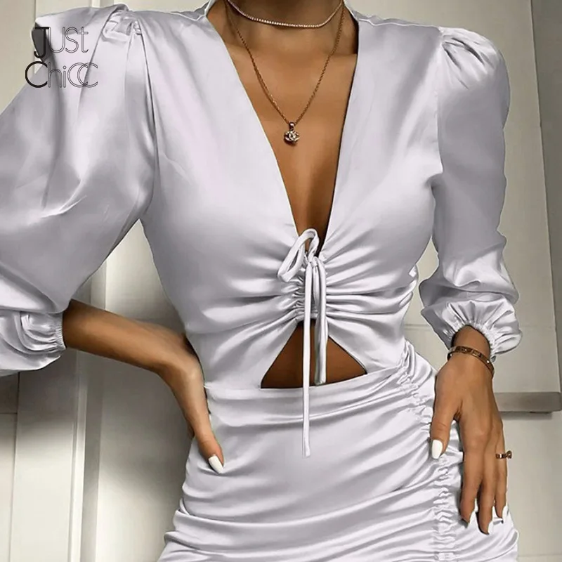 

Irregular Hip Wrap Skirt sexy V-neck drawstring pleated nightclub dress
