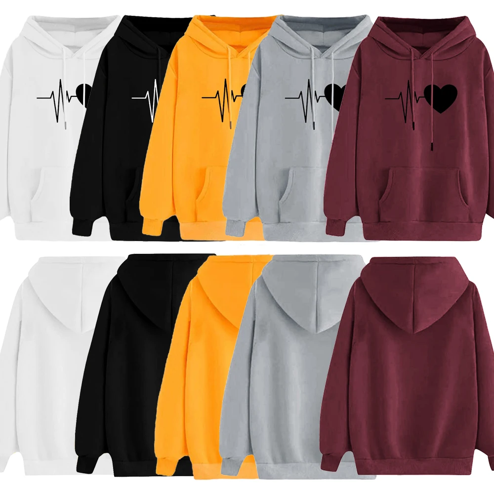 Women's Hoodie Sweatshirt Solid Colors Hooded Pullover Female Casual Long Sleeve Heart Print Pullover Outfits Plus Size 3XL