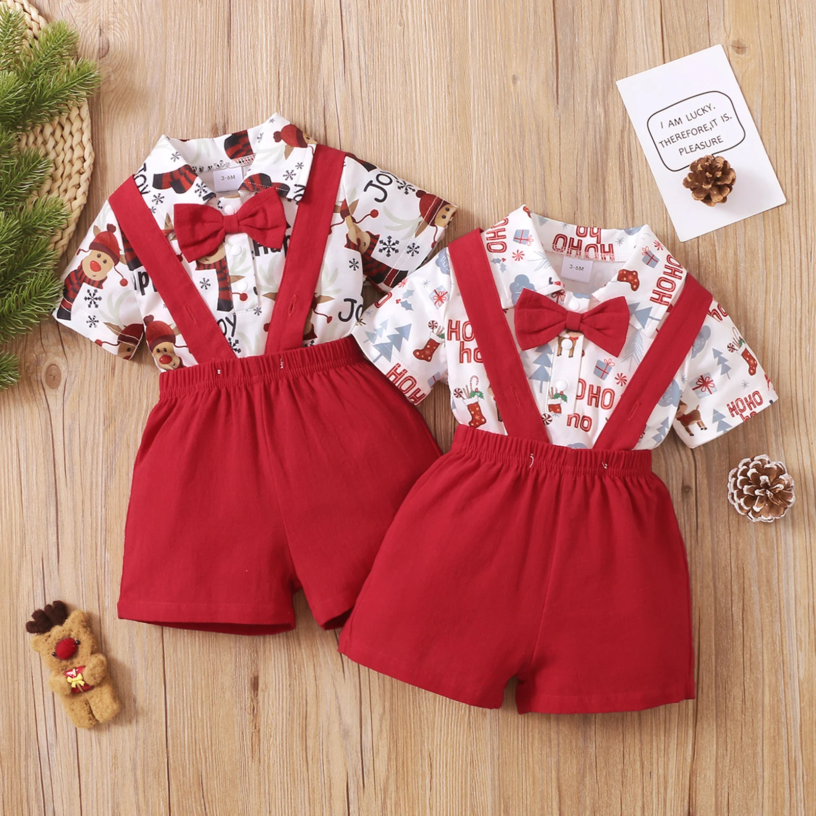 

0-18 Months Baby Boys Two-piece Clothes Set, Christmas Printed Pattern Collared Romper and Red Solid Color Suspender Shorts