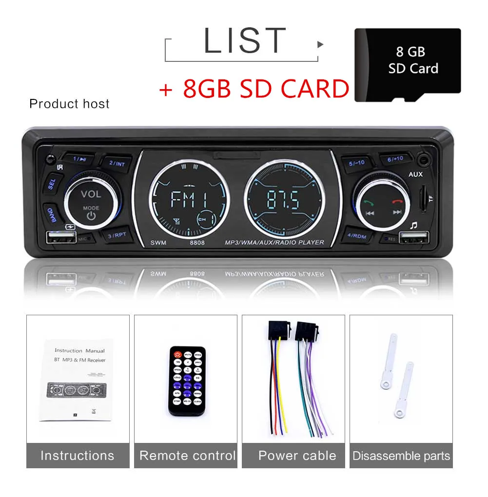 with 8 GB SD card Радио 1 Din Oto Teypleri, Автомобильный MP3-плеер, Авторадио, Bluetooth, fm-радио, автомобильное аудио, телефон, зарядка, стерео, AUX, авто радио, USB, TF - Цвет: with 8 GB SD card