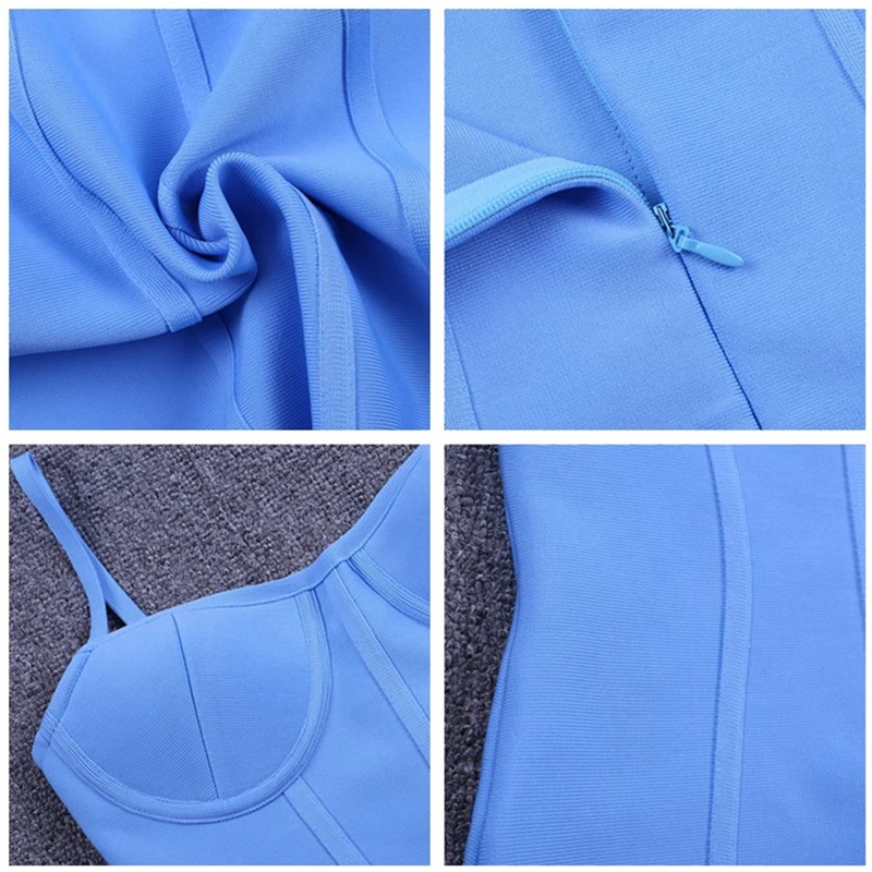 

sky blue elastic knitted 2019 new spaghetti strap square collar sexy ladies knee length rayon bandage dresses