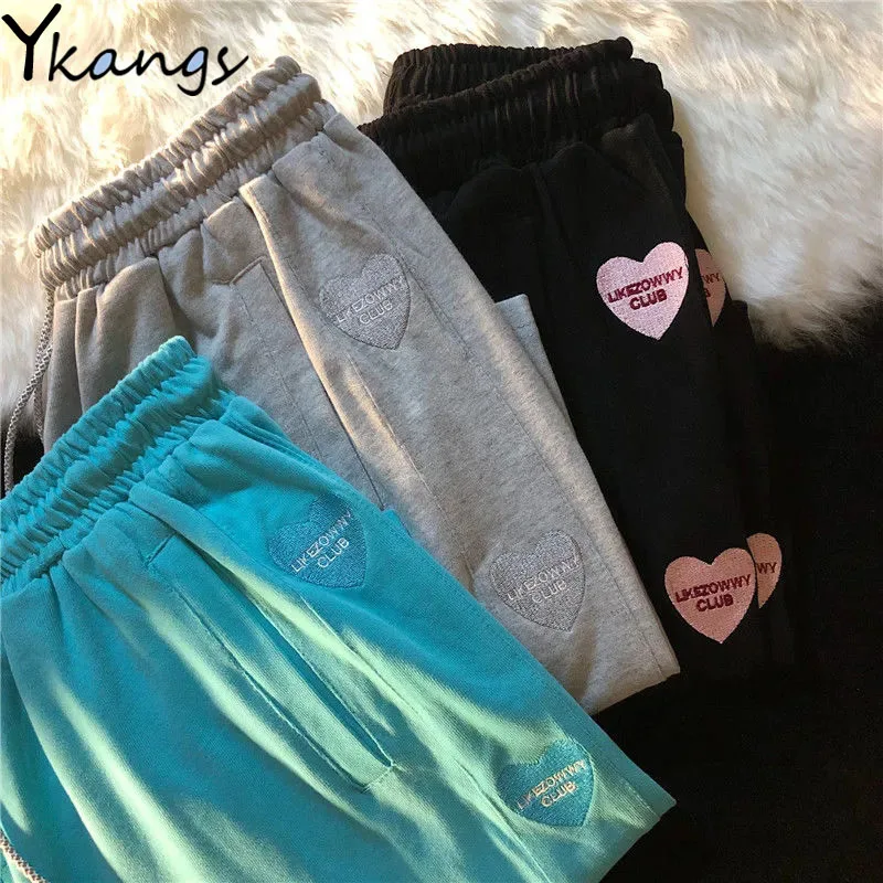 

Drawstring Elastic High Waist Heart Embroidery Solid Baggy Shorts Female Summer Korean Ulzzang Harajuku Fashion Shorts for Women