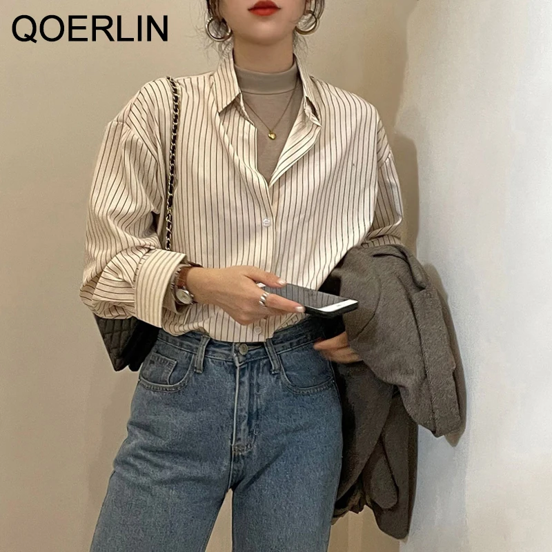 QOERLIN Minimalism Chic Stripe Apricot Shirt Long Sleeve Tops Turn-Down Collar Button Up Shirts All Match Blouse Female Harajuku