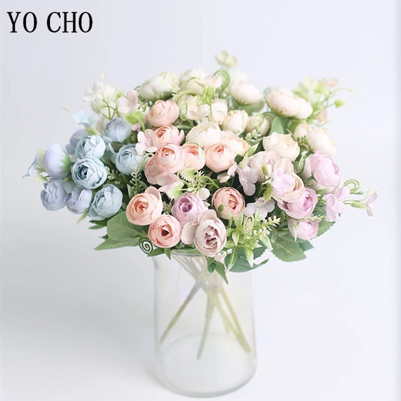 

YO CHO Silk Rose Bunch Artificial Flower 5 Fork 10 Heads Fake Tea Rose Wedding Girl Mini Bouquet Flower Home Party Wedding Decor