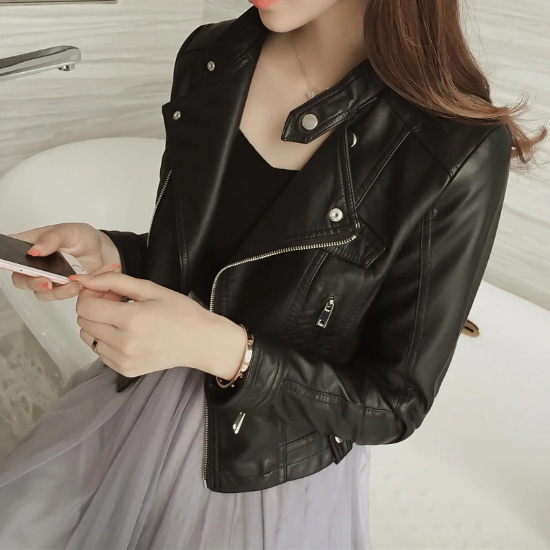 

Spring Autumn Women Slim Short Faux Leather Jacket Casual Long sleeve Korean Moto Biker jacket Female Stand collar Cropped coat