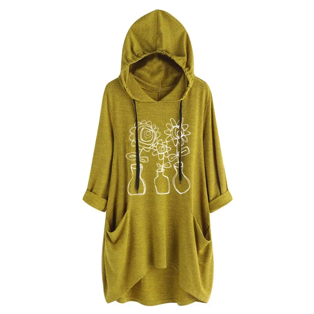 Yellow M-XXXXXL Женская футболка модная Длинная с капюшоном трендовая с принтом с карманом с коротким рукавом Необычная футболка большого размера# YL-5 - Цвет: Yellow