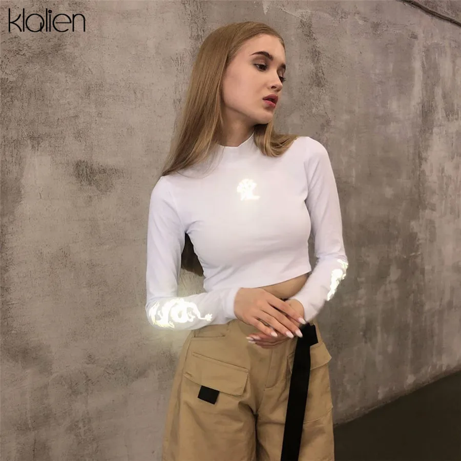 Klanien/футболки с принтом дракона; Светоотражающая Водолазка с длинным рукавом; тонкая уличная одежда Harajuku; Новинка года; женские модные короткие футболки