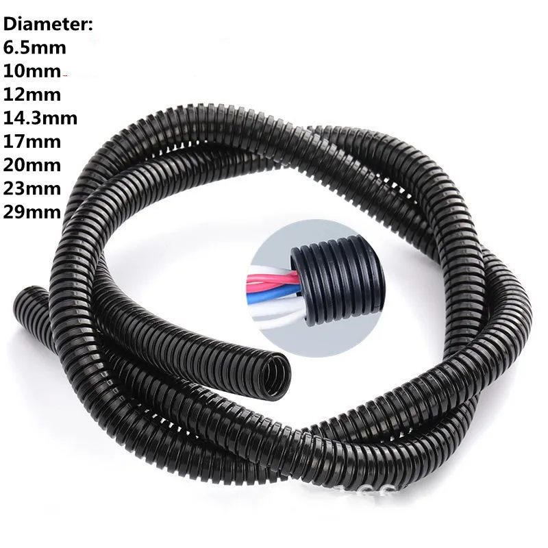 

1M Black Corrugated Tube Insulation Flame Retardant Cable Sheath for Wire Connecting Cable Wire Threading Hose 6.5mm-29mm