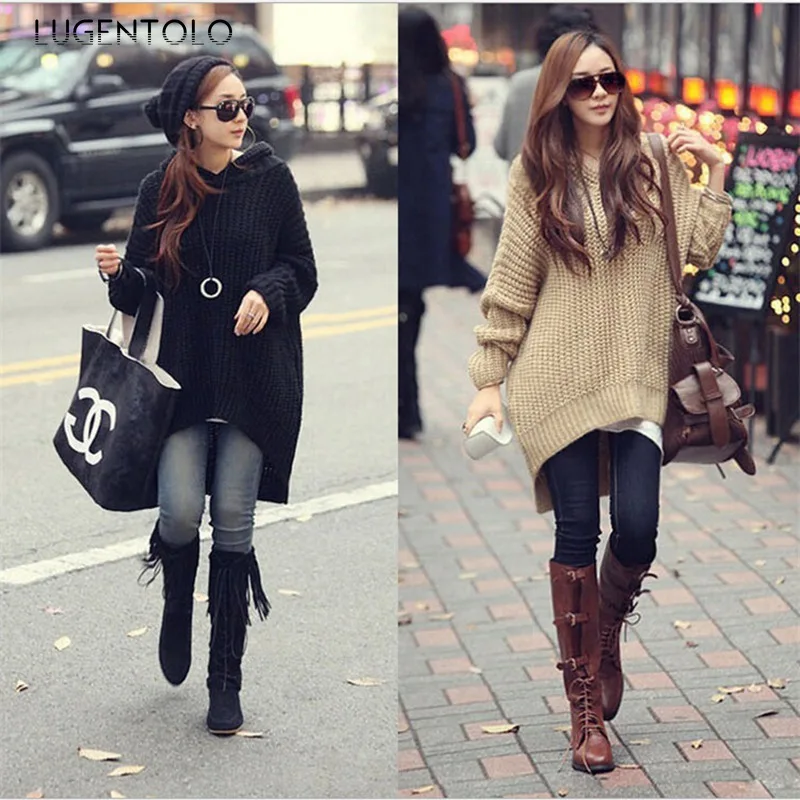 

Lugentolo Women Knitted Sweater Hooded Autumn Winter Loose Irregular Solid Simple Fashion Female Casual Midi Pullovers Sweater