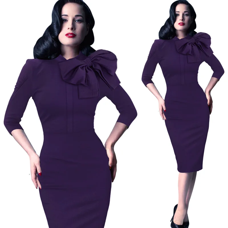 Purple Vfemage женские элегантные 1950s винтажные пинап ретро рокабилли с рукавом 3/4 и бантом вечерние облегающие платья-карандаш 1069 - Цвет: Purple