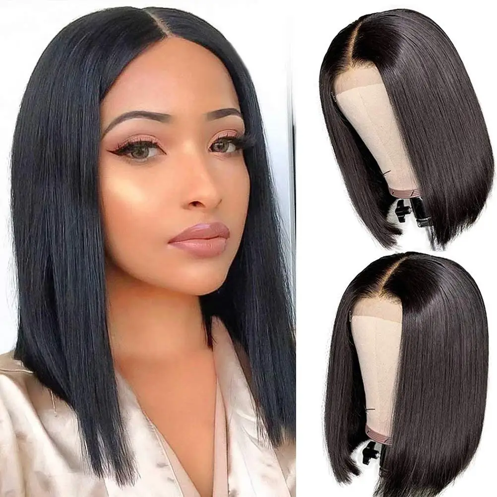 Short Bob Lace Front Human Hair Wigs 13x4x1 Curly T Part Frontal Remy Hair Wig Water Wave Pre Plucked Straight Wig Natural Color