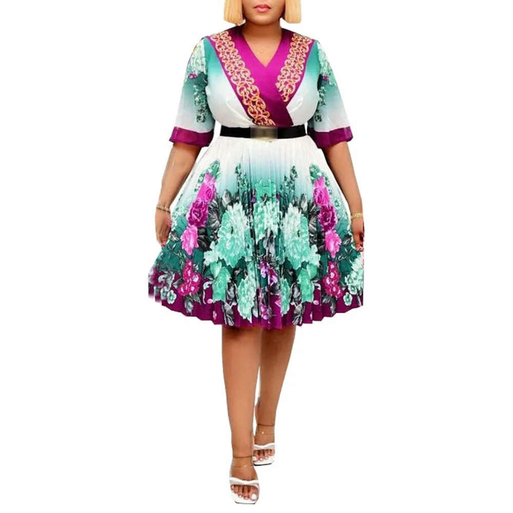 

Summer 2021 Printing High Waist Fashion Temperament Pleated Oversize African V-neck Women's Dress Fashion Casual Sleeve