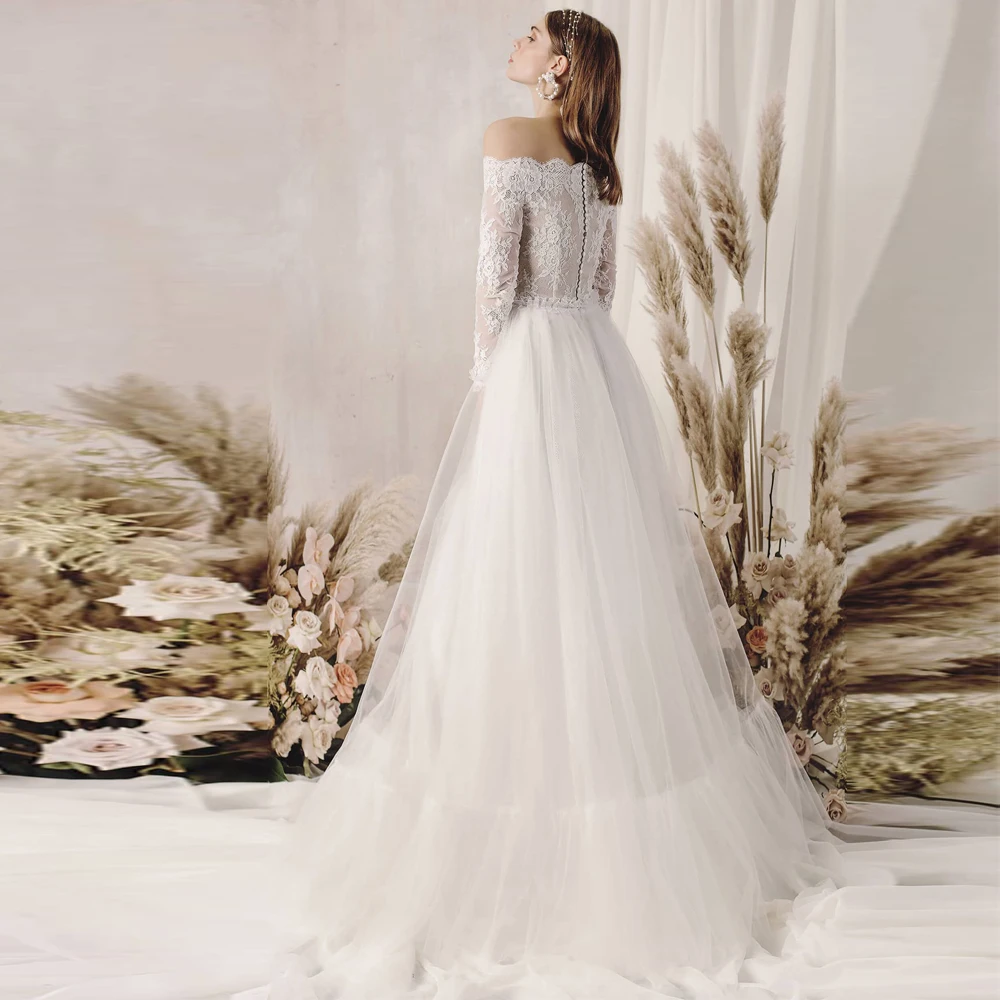 

Vestidos Elegant Wedding Dresses Tulle Appliques Lace Square Collar Full Sleeve Covered Button Ball Bridal Gowns