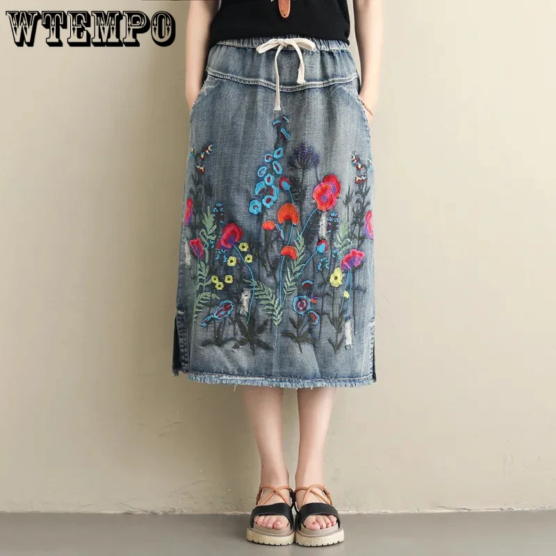 Винтажная Свободная джинсовая юбка для женщин с цветочной вышивкой и кисточками
