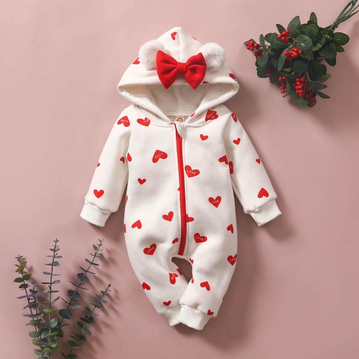 

Baby Sweet Bowknot Heart Hooded Jumpsuit