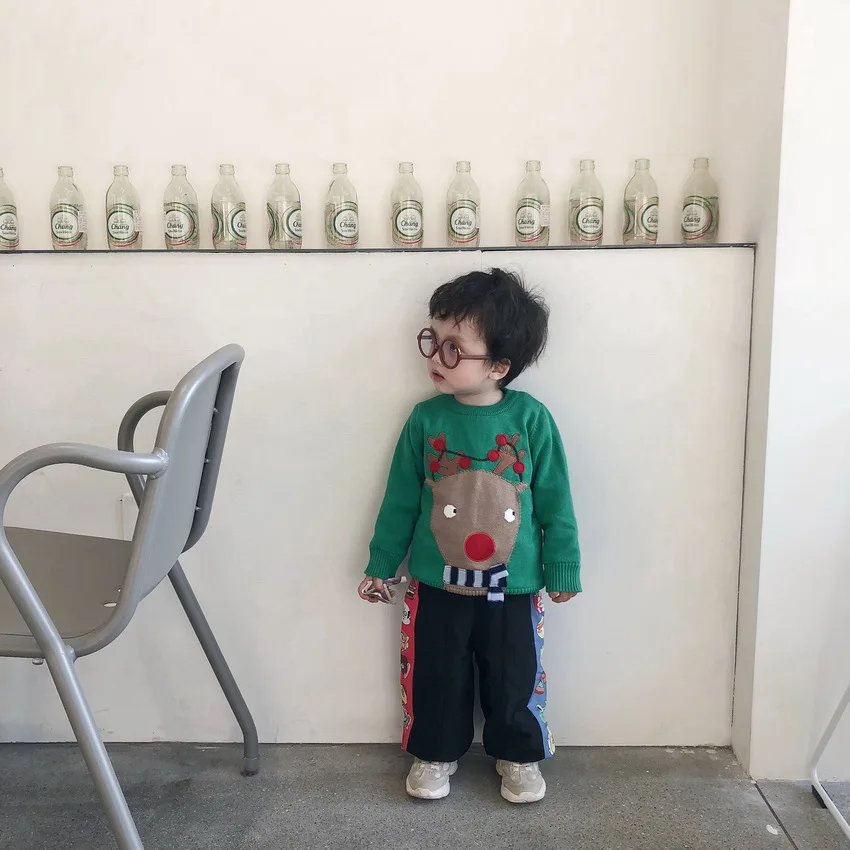 Tonytaobaby/зимняя одежда; Новинка; детская одежда для мальчиков и девочек; милый плотный свитер с зеленым оленем; Рождественская одежда для малышей
