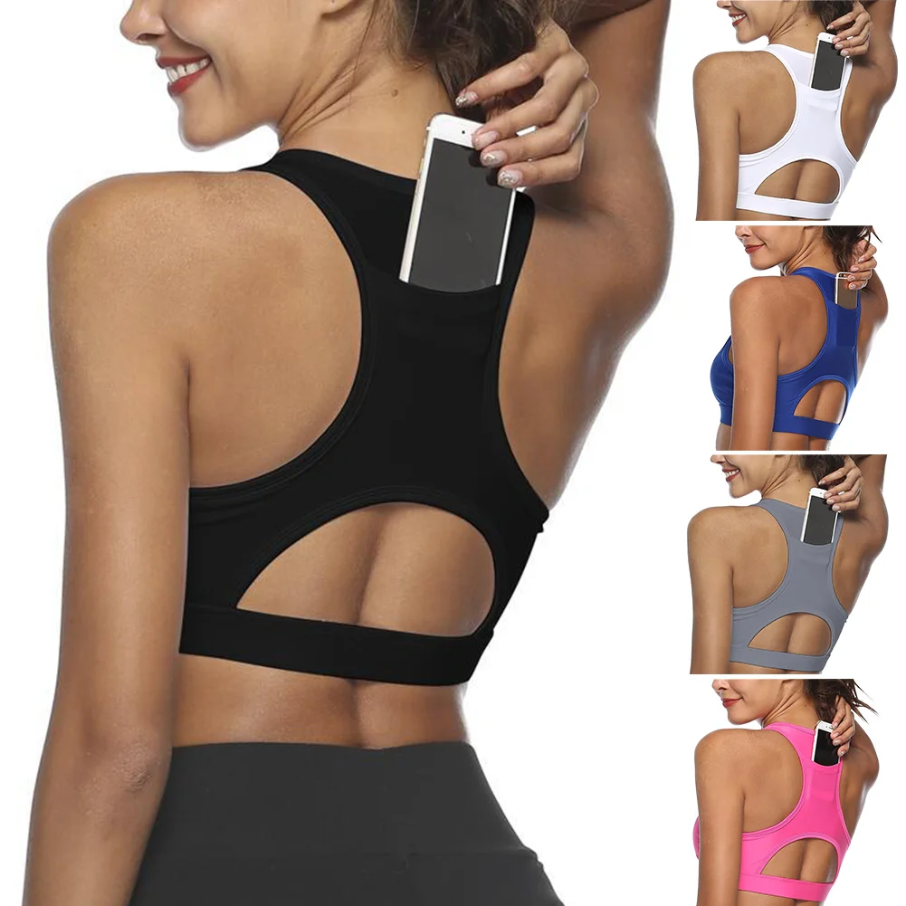 

Women Stretch Phone Pocket Workout Padded Tank Top Gym Running Yoga Sports Bra