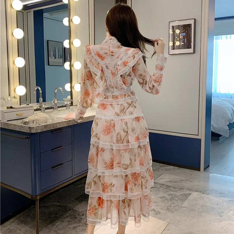 Runway High Quality Bohemian Style Lace Trim Ruffles Dress Spring Women Stand Collar Lantern Sleeve Vintage Party Vestidos | Женская