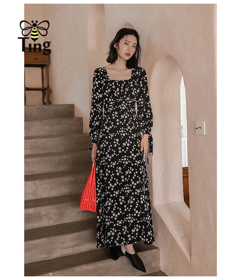 Женское длинное платье с квадратным вырезом Tingfly винтажное Элегантное