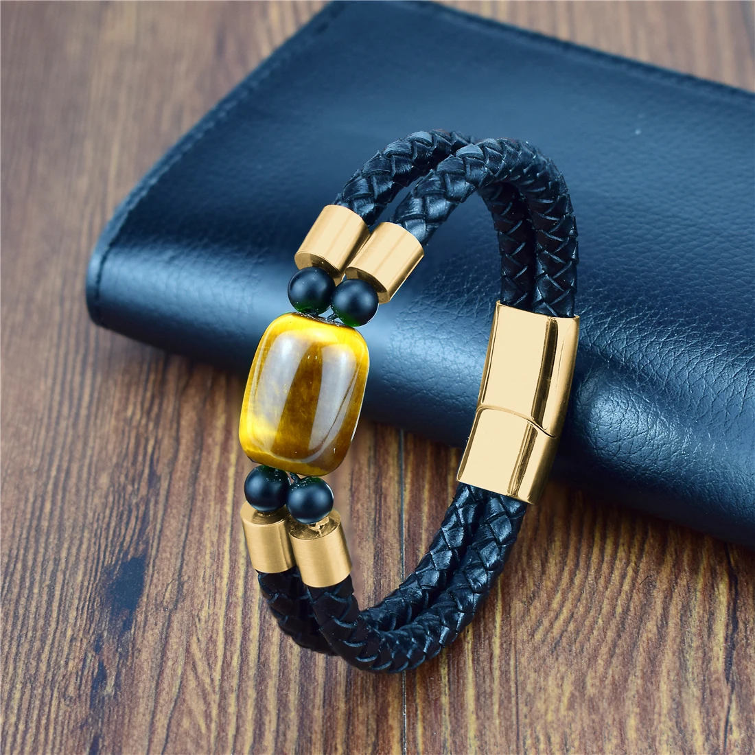 2020 мужские черные плетеные кожаные браслеты натуральный камень тигровый глаз