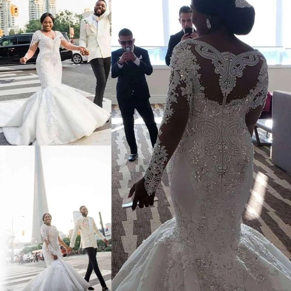 

South African Wedding Dresses Mermaid Sweetheart Long Sleeves Appliques Beading Nigeria Vestido De Noiva Bridal Wedding Gown