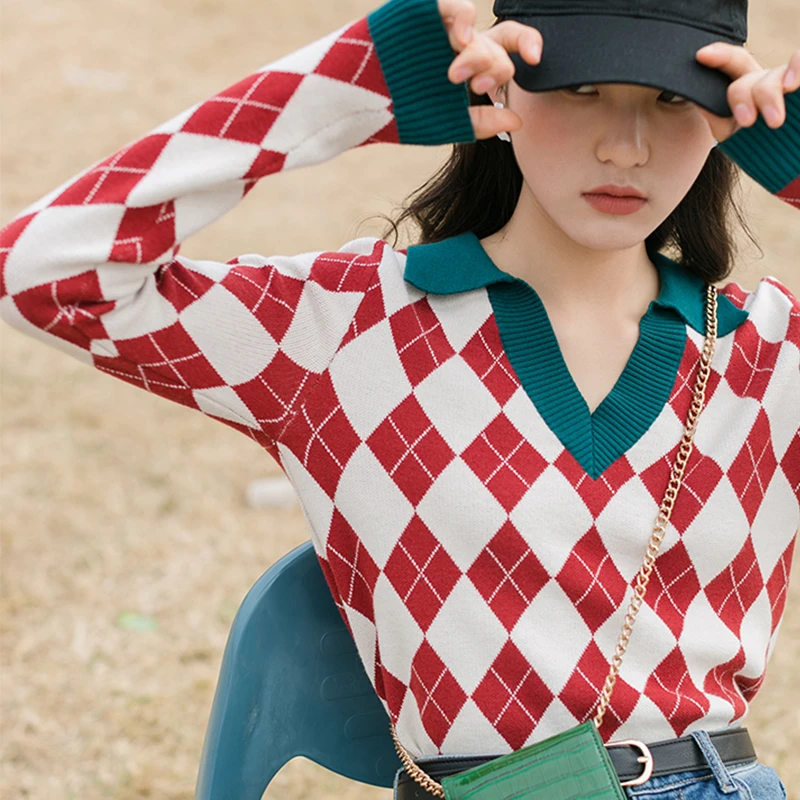 

Fashion Plaid Vintage Womens Sweater Pullovers Tops Casual Autumn V-Neck Long Sleeve Elegant Female Sweet Knitted Sweater