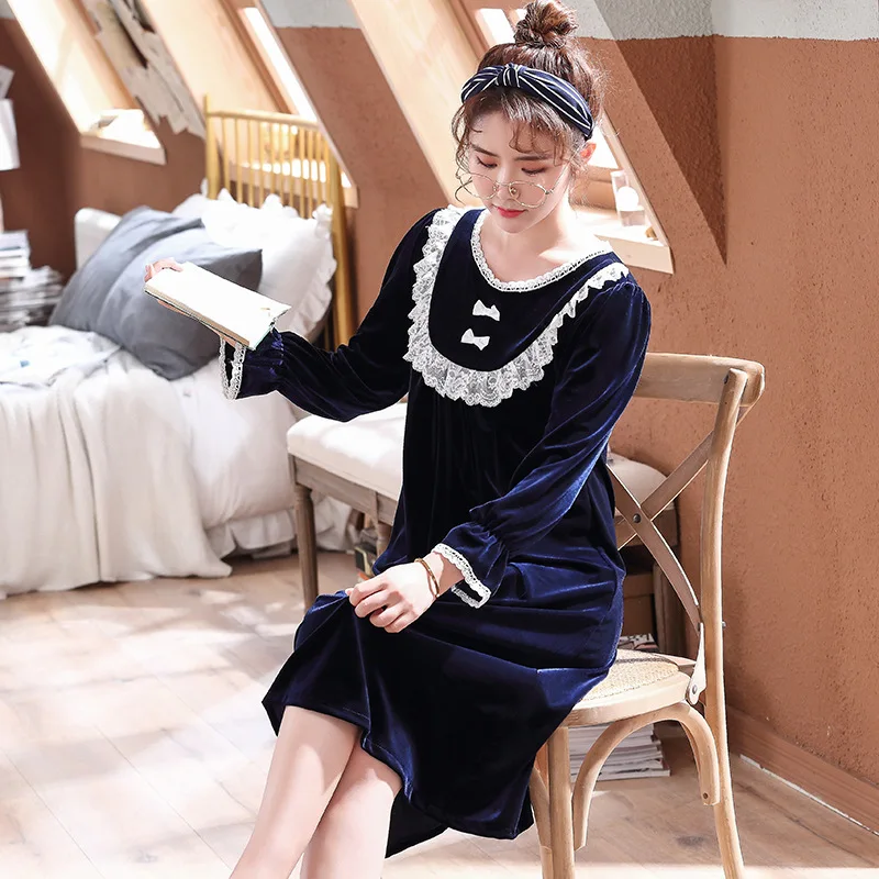 Кружевная зимняя ночная рубашка с бантом удобная повседневная мягкая Домашняя