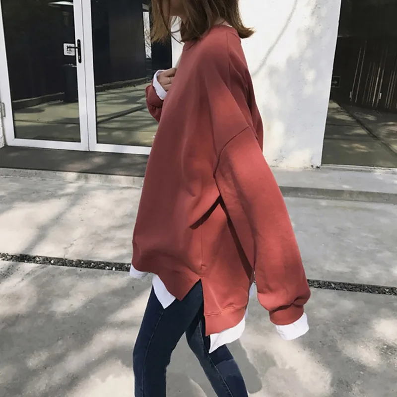 

Women Fake Two-piece Sweatshirts Patchwork Loose O-neck Collar Sweatshirt Pullover Long Sleeve Casual Solid Tops