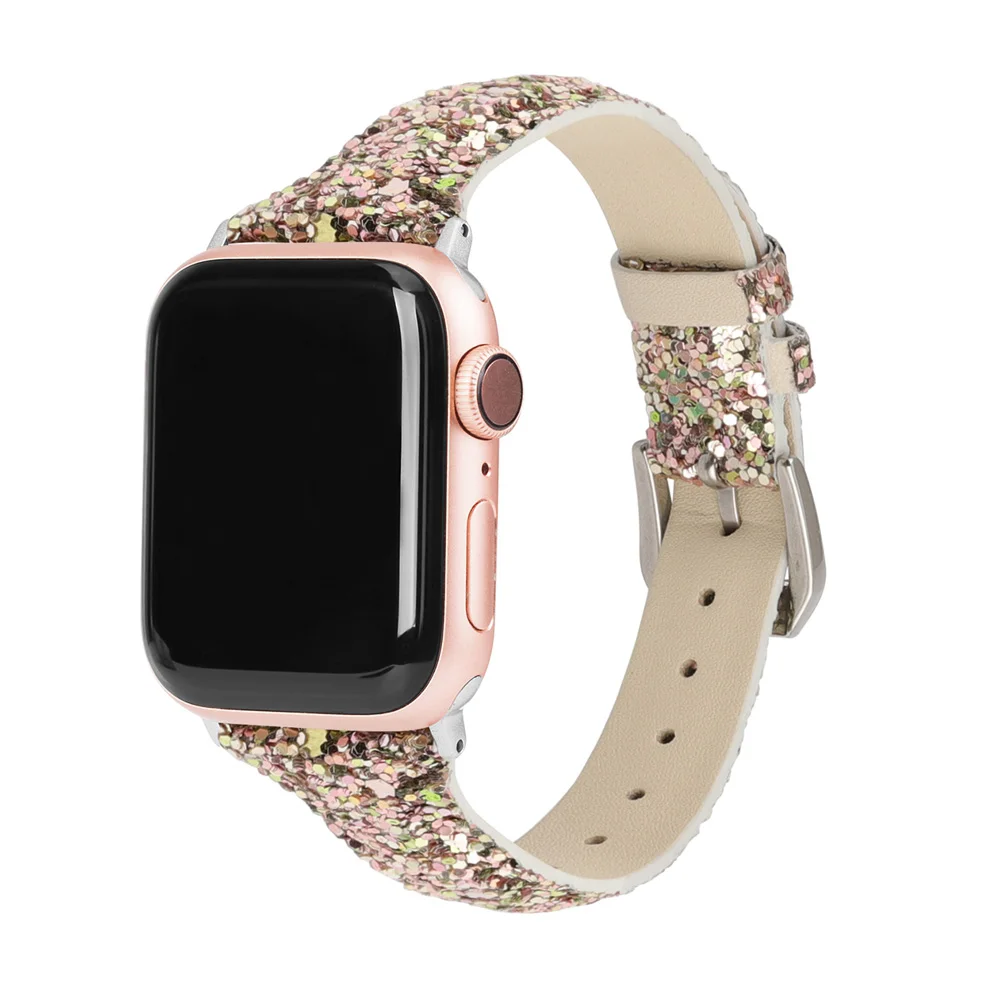 

Strap For Apple Watch band 44mm 42mm 40mm 38mm Leather Bling Wristwatch Bracelet Shiny Glitter correa iwatch Series 6 se 5 4 3 2