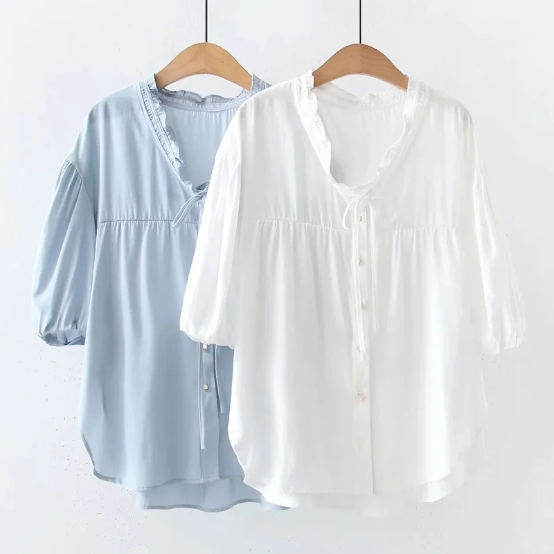 

Женская хлопковая блузка с коротким рукавом, элегантная белая или синяя свободная блузка с оборками на воротнике, лето