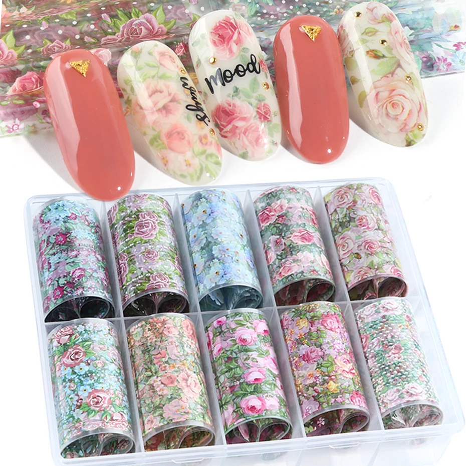 10 рулонов Красочные цветы наклейки для ногтей голографические мраморные